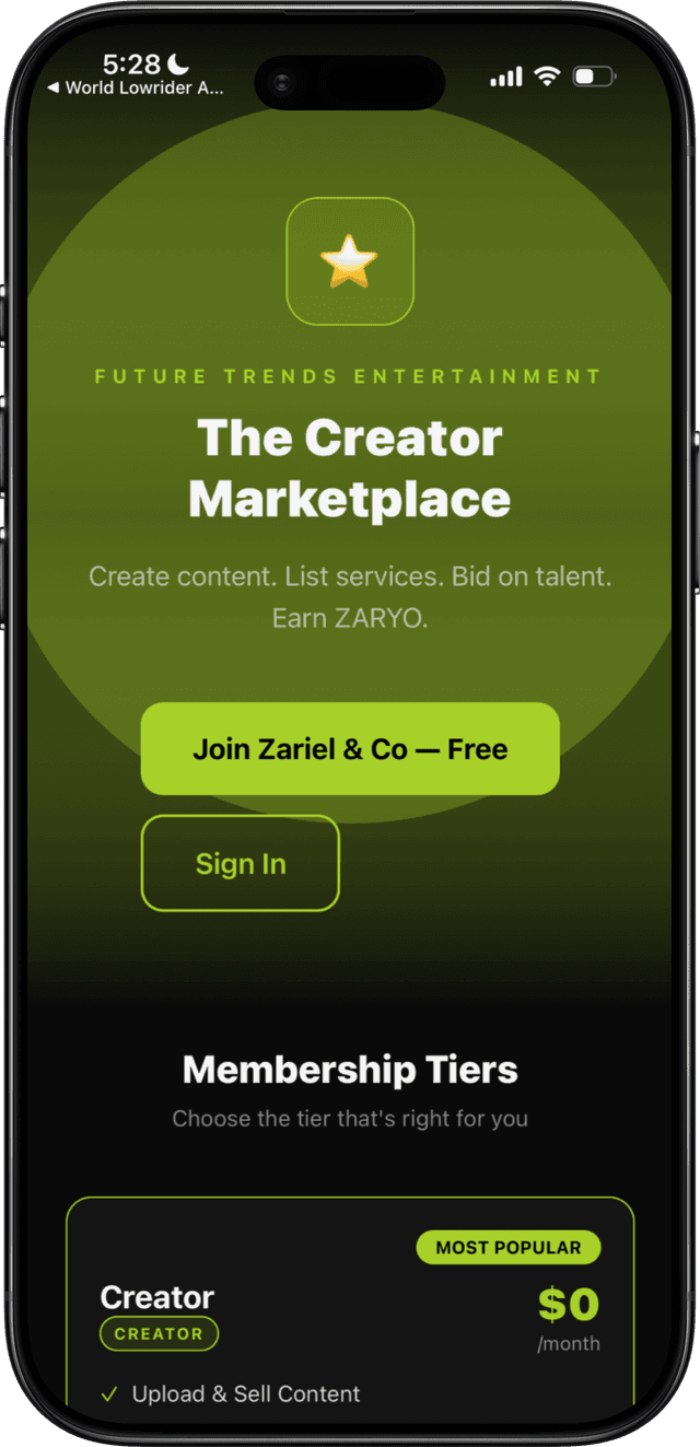 Zariel & Co Creator Marketplace app — home screen showing membership tiers, join free CTA, and sign in